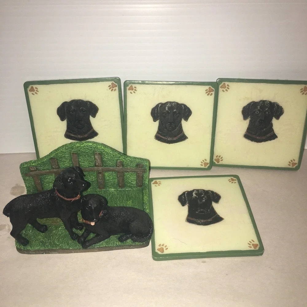 Black Lab Dogs Four Coaster Set with Holder Handpainted 3D Resin Read Descript